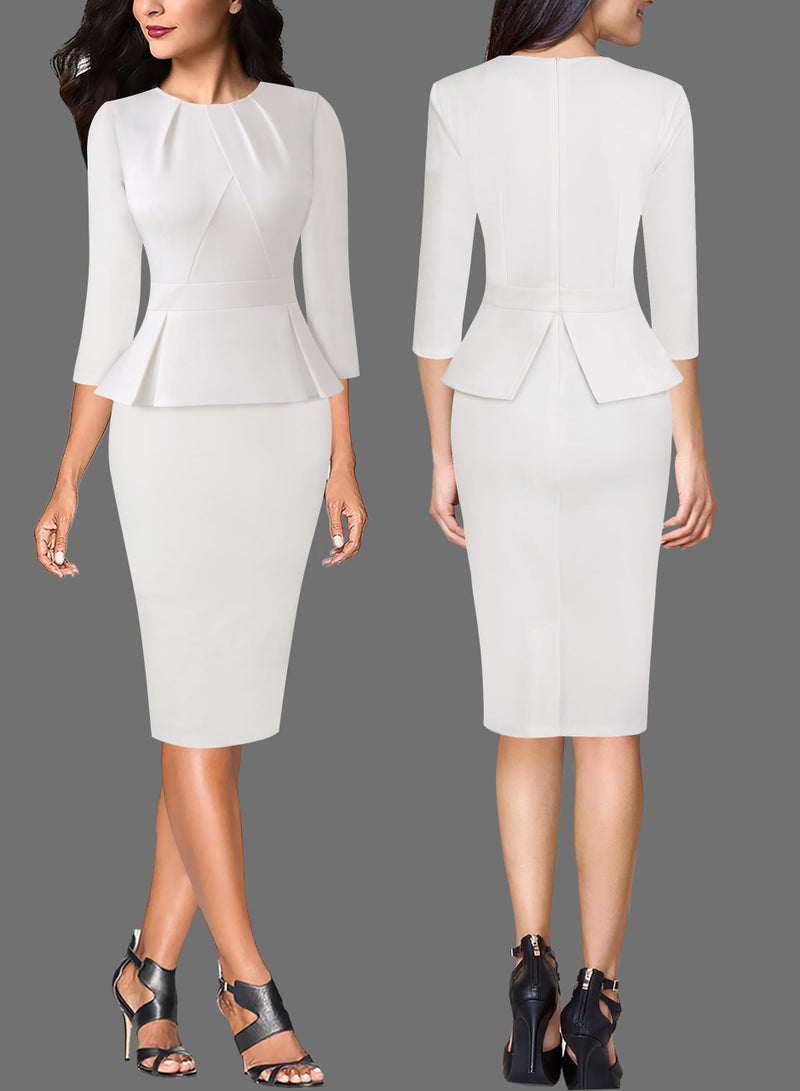 VFSHOW Womens Off-White Ivory Spring Fall Pleated Crew Neck Peplum Work Business Office Bodycon Pencil Sheath Dress 3587 WHT S - Image 2